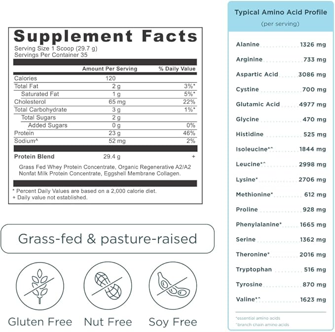 Ancient Nutrition Grass Fed Whey Protein 23g Protein Hydrolyzed Collagen Peptides Organic Regenerative A2/A2 Milk Protein (35 Servings Vanilla Bean)