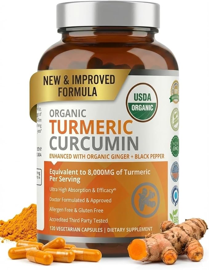 USDA Organic Turmeric Curcumin Capsules 8000mg Equivalent with Black Pepper &amp Organic Ginger for Absorption High Potency Turmeric Supplement for Joint Support &amp Inflammation 120 Vegetarian C
