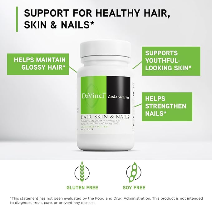 DaVinci Labs Hair Skin &amp Nails - Dietary Supplement to Support Smooth Healthy Skin Strong Nails and Hair Health* - With Vitamin C and D3 Minerals Biotin Zinc and More - Gluten-Free - 60 Caps