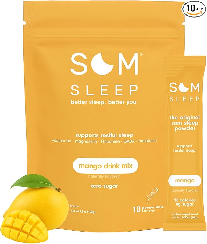 Som Sleep Calm Sleep Aid Drink Mix Powder w/ 3mg Melatonin Magnesium Vitamin B6 L-Theanine &amp GABA – Vegan Zero Sugar Keto Friendly – Mango 10-Pack