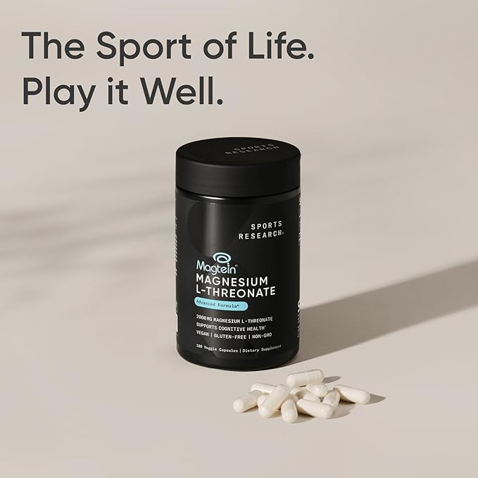 Sports Research® Magnesium L-Threonate Capsules 2000mg - High-Absorption Magtein® for Enhanced Brain Health Memory Focus &amp Restful Sleep Support - Vegan · Non-GMO · Gluten Free - 180 Count