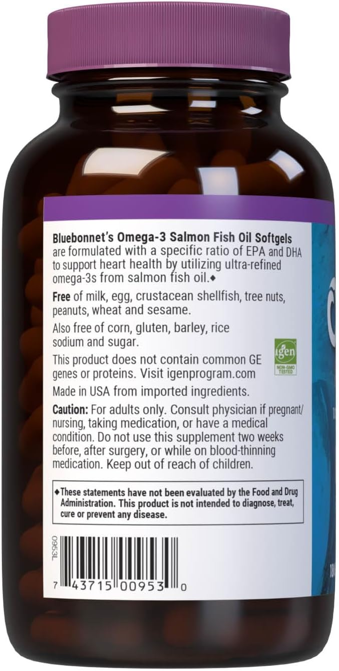 BlueBonnet Omega 3 1000mg Salmon Oil EPA DHA Essential Fatty Acids - Heart Health Supplement for Women &amp Men - Molecularly Distilled Triglyceride Form Omega-3 Wild Salmon Fish Oil - 180 Softgels
