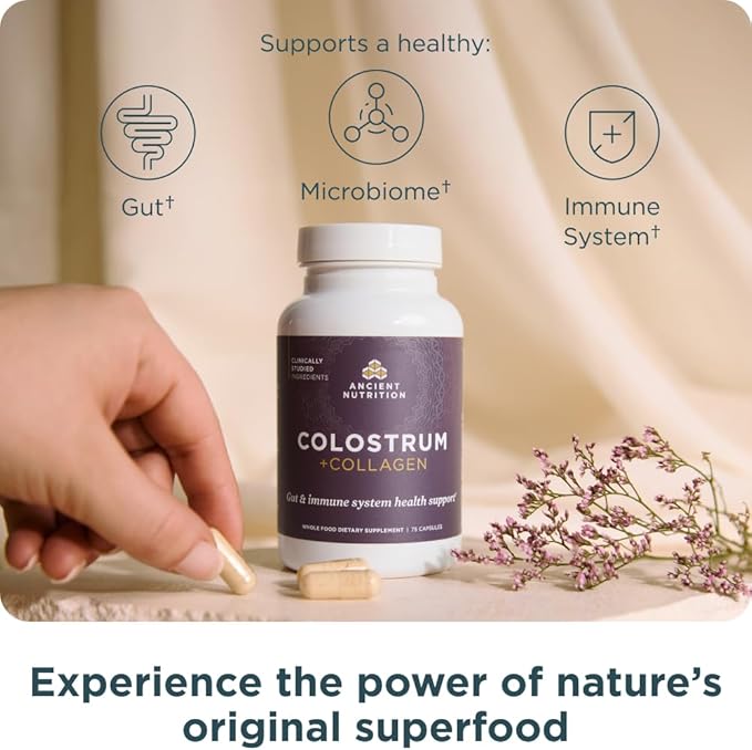 Ancient Nutrition Colostrum Superfood + Collagen Grass Fed Bovine Colostrum Fermented Eggshell Membrane Collagen Supports Healthy Gut Microbiome and Immune System 75 Count