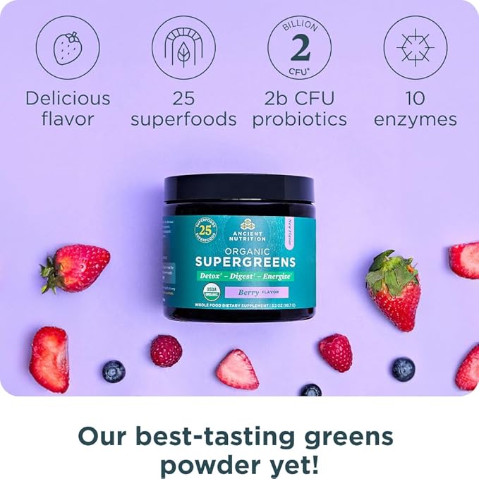 Ancient Nutrition Multi Collagen Protein Powder Vanilla 24 Servings + Organic Supergreens Powder Berry 12 Servings