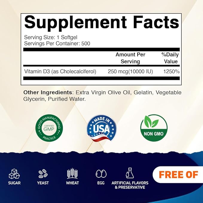 Vitamatic Vitamin D3 10000 IU (250 mcg) - 500 Softgels (Olive Oil Based) Non-GMO Gluten Free in Cold-Pressed Mini Softgels- 2 Pack