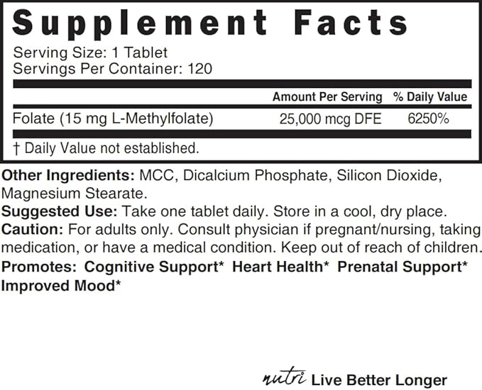 Nutri 5-MTHF L Methylfolate 15MG - 4 Month Supply 120 Vegan Tablets - Methylated Folate Supplement - Cognitive Function Heart Health Prenatal Support - 3rd Party Tested - NSF Certified Facility