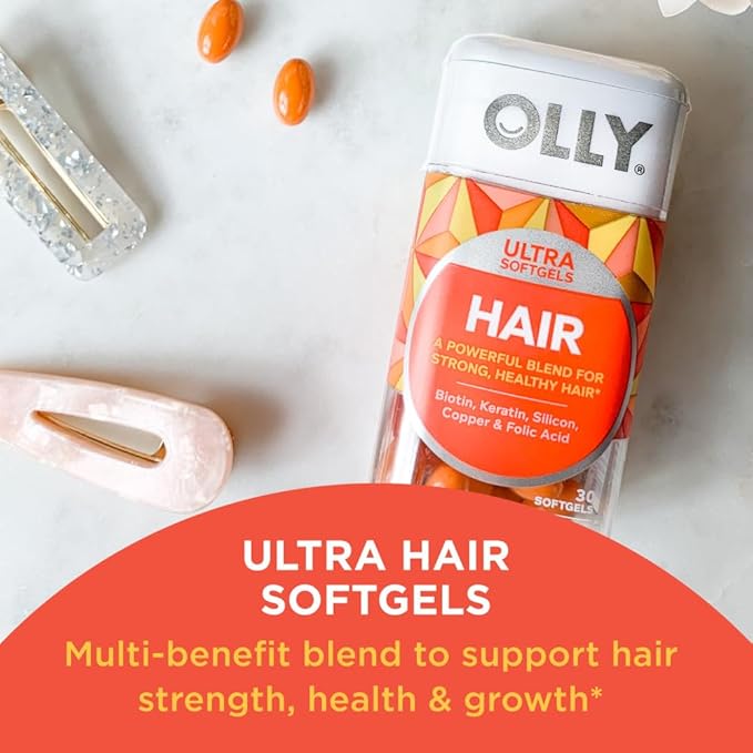OLLY Ultra Strength Hair Extra Strength Daily Energy Biotin Keratin Vitamin B12 CoQ10 Goji Berry Gummy Supplement Bundle - 30 Count 60 Count