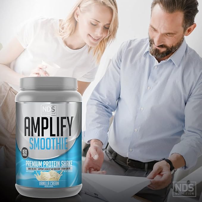 AMPLIFY NDS Nutrition Smoothie Premium Whey Protein Powder Shake with Added Greens and Amino Acids - Build Lean Muscle Gain Strength Lasting Energy and Lose Fat - Vanilla (30 Servings)