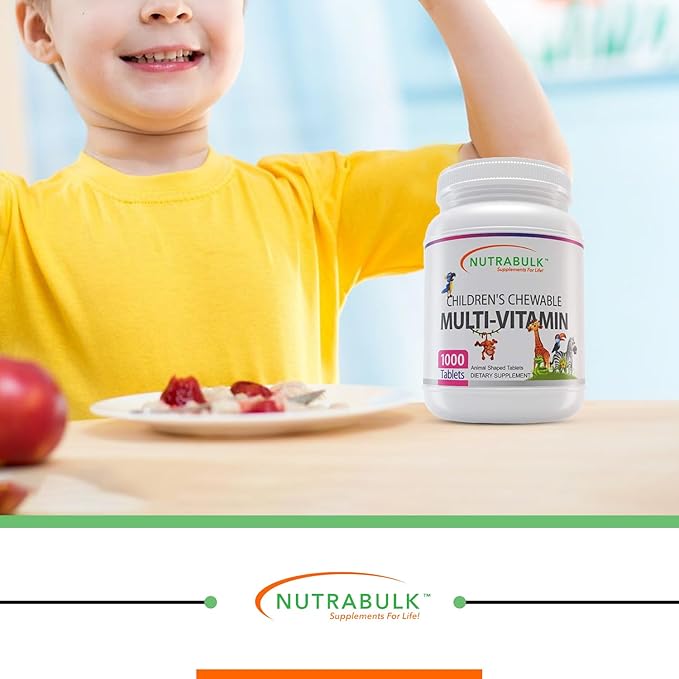 NutraBulk Kids Multivitamin – Kids Vitamins A C D3 E B-Complex Folic Acid with Animal Shapes &amp Fruity Flavors – No Artificial Dyes – Children's Chewable Multivitamin Bulk Family Value (1000 Table