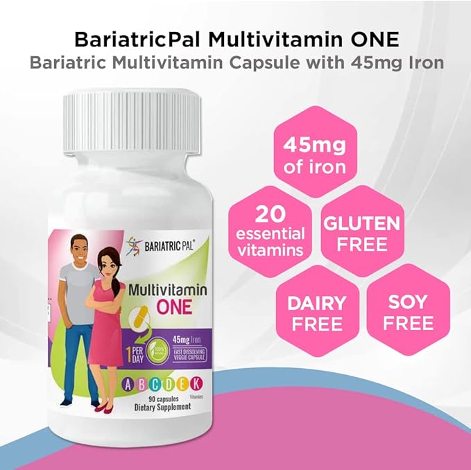 BariatricPal 90-Day Bariatric Vitamin Bundle (Multivitamin ONE 1 per Day! Capsule with 45mg Iron and Calcium Citrate Soft Chews 500mg with Probiotics - French Caramel Vanilla)