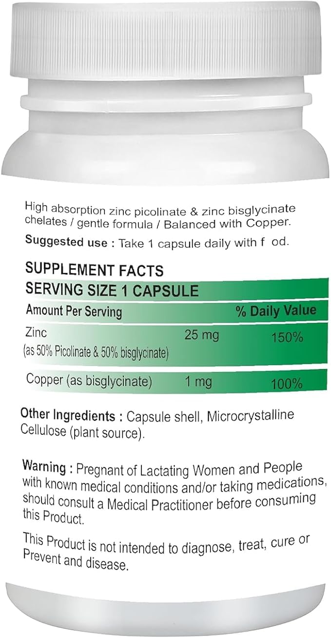 Viva Chelated Zinc (Pack of 2) Picolinate &amp Bisglycinate Complex with Copper Zinc for Immune Skin and Cellular Health High Absorption Non-GMO 180 Capsules (2)