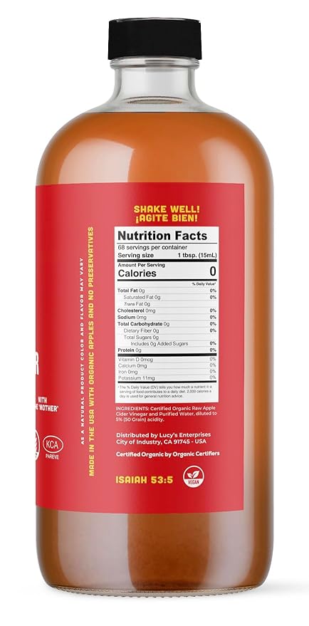 Lucy's Family Owned - 34oz. GLASS BOTTLE (2 PACK) Organic With the Mother Apple Cider Vinegar Unfiltered Unpasteurized Raw and NonGMO