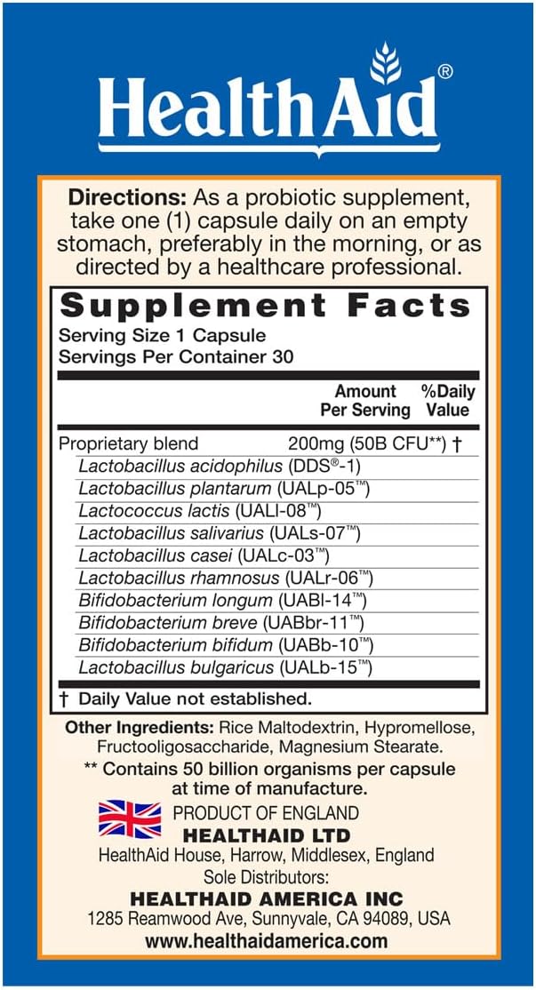 HealthAid ImmuProbio 50 Billion CFU with Prebiotic 30ct Once Daily Acid &amp Bile Resistant Strains Vegan