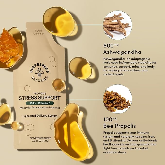 Ashwagandha Liposomal Stress Support by Beekeeper's Naturals 600mg with Propolis L-Theanine Anti-Stress Support for Calm &amp Relaxation 30ct