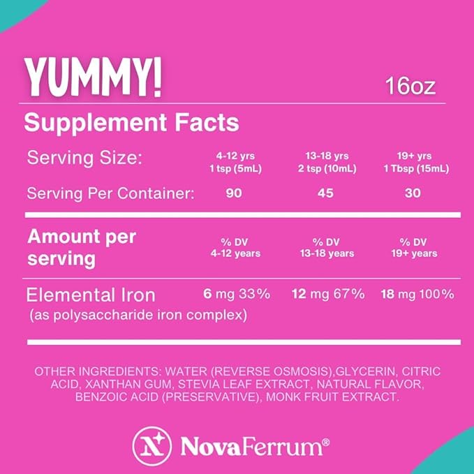 NovaFerrum Yummy 16 Fl Oz | Liquid Iron Supplement for Ages 4 &amp Up | 18mg of Iron/Tbsp | Gluten Free | Sugar-Free | Raspberry Grape