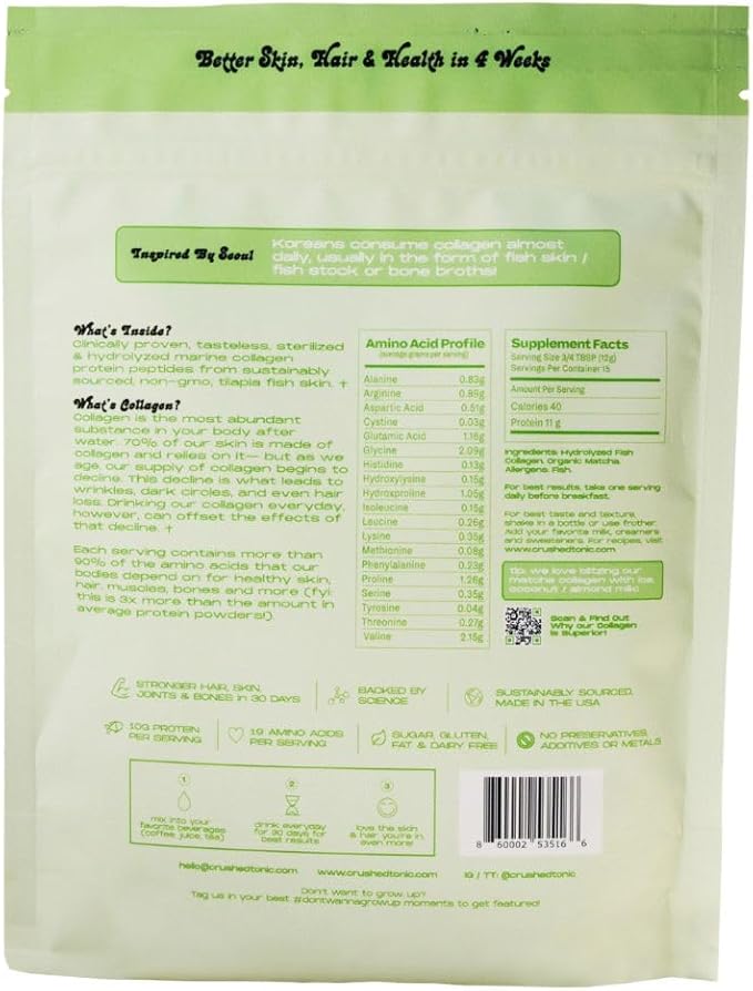 Crushed Tonic Bovine Collagen Powder Korean Beauty Drink with Hydrolyzed Collagen Peptides for Skin Hair &amp Nails | Gluten-Free Halal &amp Kosher (Matcha 30 Servings (150 g) Pouch)