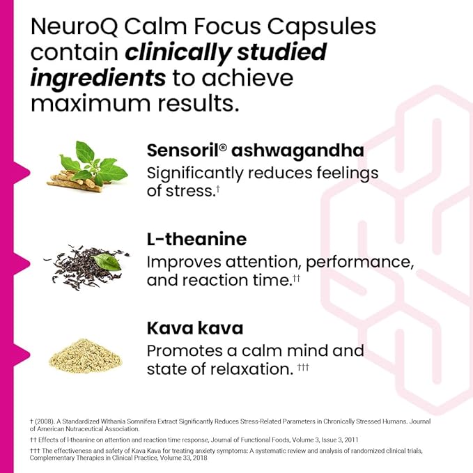 LifeSeasons NeuroQ Calm Focus Capsules - Stress Relief Supplement - Supports Mental Function &amp Relaxation - Sensoril Ashwagandha Magnesium GABA L-Theanine Andean Cocoa &amp Kava Kava - 60 Cap
