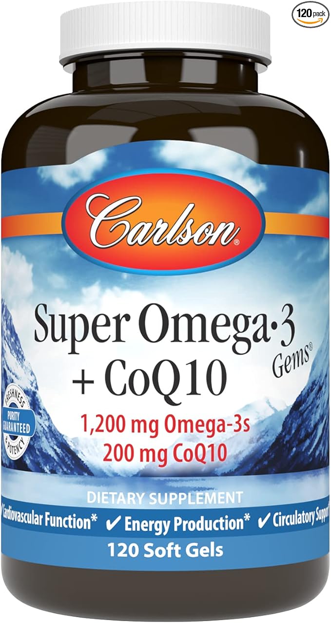 Carlson - Super Omega-3 Gems + CoQ10 1200 mg Omega-3s 200 mg CoQ10 Circulation Function Energy Production &amp Circulatory Support 120 Softgels
