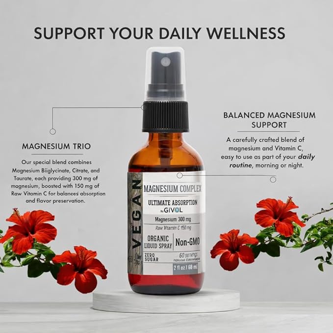 Tri Magnesium Complex - Magnesium Biglycinate Citrate &amp Taurate Liquid Spray 300mg w/Raw Vitamin C for Promoting Serenity Body Decompression - Hibiscus &amp Pineapple Flavor 60ml (2oz)