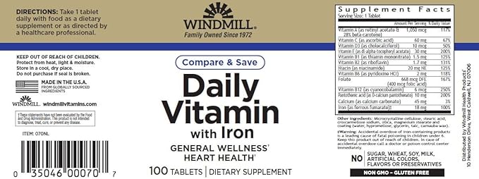 Windmill Daily Vitamin with Iron and Beta-Carotene 100 Count (6 Pack)