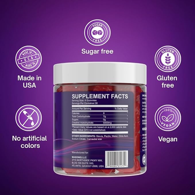 Sugar Free Creatine Gummies 5000mg — 22% More Strength 7X Energy 3X Absorption &amp Muscle Recovery Cognitive Health — 99.9% Pure Vegan Creatine Monohydrate Gummies for Men and Women (30-Day Suppl