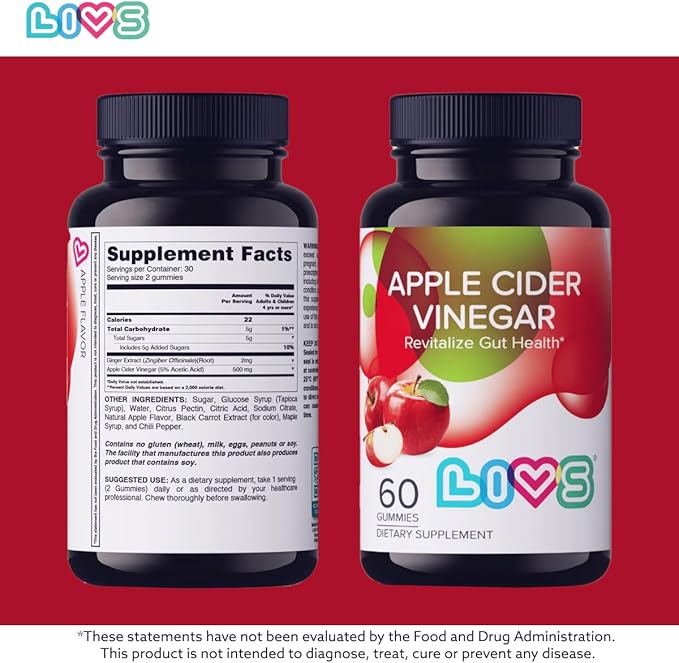 LIVS Apple Cider Vinegar Gummies | Organic Vegan ACV Supplement for Detox Gut Health Metabolism Immune Support &amp Energy – Gluten-Free Non-GMO &amp Vegan Gummies in Apple Cider Flavor – 120ct
