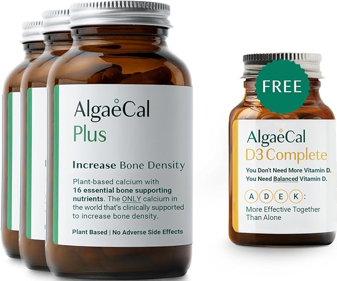 ALGAECAL Plus Bundle - Free 4-in-1 Vitamin D3 Complete &amp Red Algae Calcium with 16 Bone-Supporting Nutrients Clinically Supported to Increase Bone Density &amp Boost Immune System