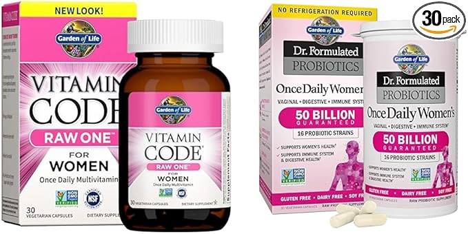 Garden of Life Multivitamin for Women Vitamin Code Raw One for Women Once Daily &amp Dr. Formulated Women's Probiotics Once Daily 16 Strains 50 Billion 30 Count (Pack of 1)