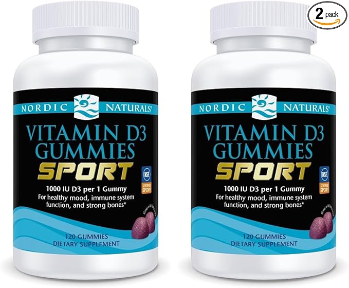 Nordic Naturals Vitamin D3 Gummies Sport Wild Berry - 120 Gummies - 1000 IU Vitamin D3 - NSF Certified - Healthy Bones Mood &amp Immune System Function - Non-GMO - 120 Servings (Pack of 2)