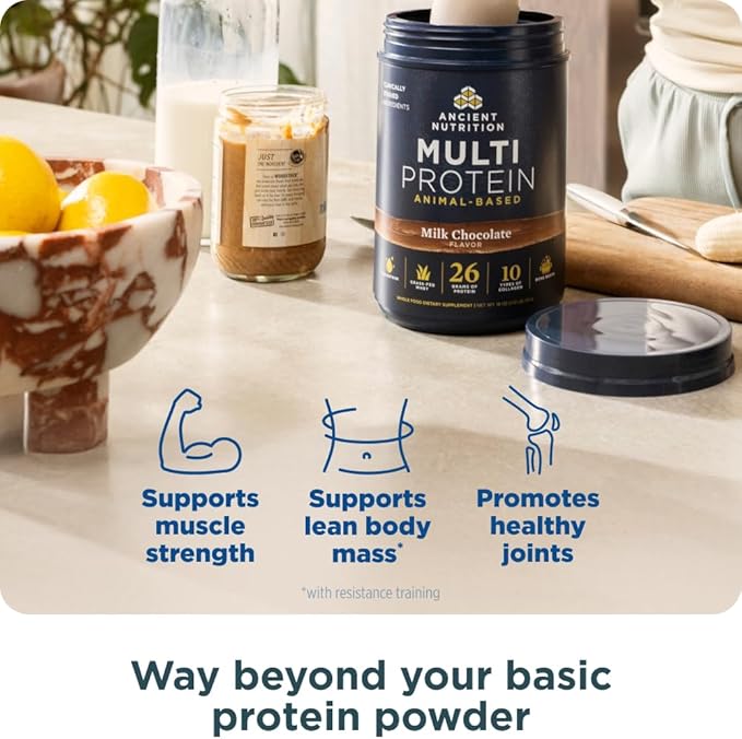 Ancient Nutrition Multi Protein Animal Based Powder 26g Protein Grass Fed Whey Bone Broth Collagen Peptides Colostrum &amp Probiotics Supports Joint &amp Gut Health Milk Chocolate 15 Serving