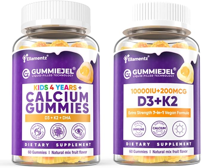 1 Pack Kids Calcium Gummies + 1 Pack D3 K2 Gummies Vitamin D3 10000 IU + K2 (MK7) 120mcg