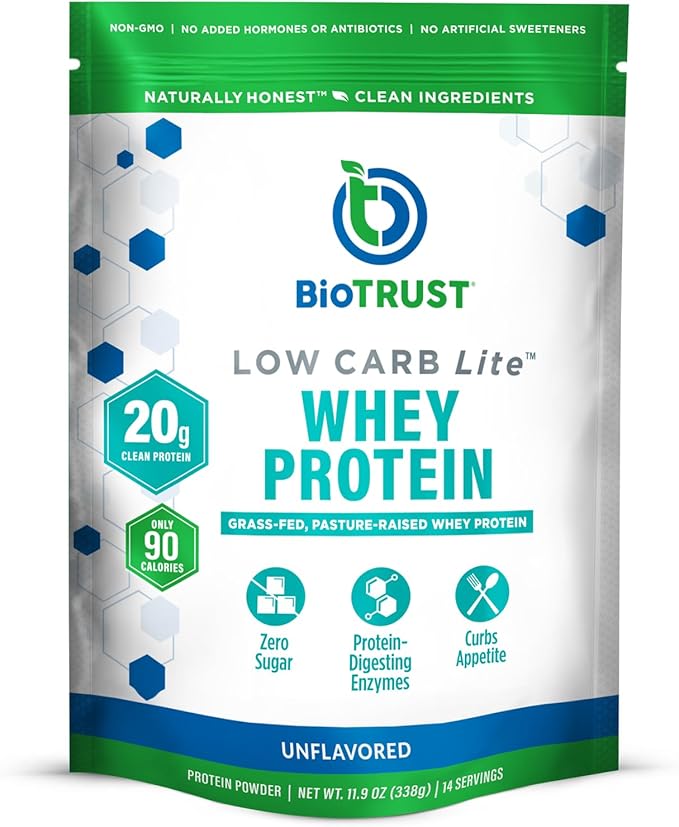 BioTrust Low Carb Lite Low Calorie Protein Powder – Low Carb Sugar Free Low Sodium Keto Protein Powder – 20g Grass-Fed Whey Protein Isolate with Digestive Enzymes – Unflavored 14 Servings