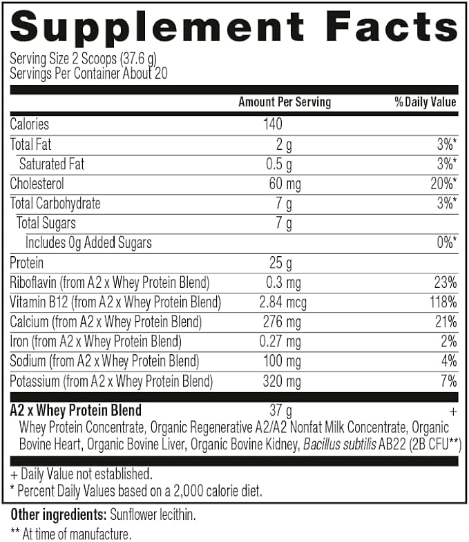 A2 Protein Powder Unflavored 25 G Protein per Serving Organic A2/A2 Whey Casein Blend with Probiotics and Celtic Sea Salt Gluten Free Workout Supplement Non GMO 20 Servings 27.4 Oz