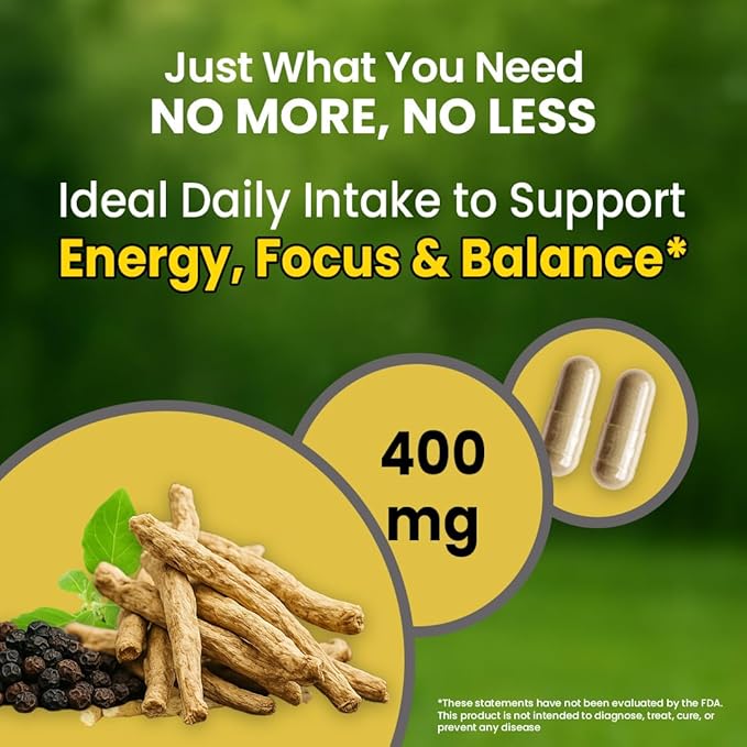 NooMost Organic Ashwagandha 400mg Capsules w/Black Pepper Extract as Vegan Ashwagandha Supplements for Anti Stress Relief Natural Mood Support Energy &amp Focus-60 Capsules