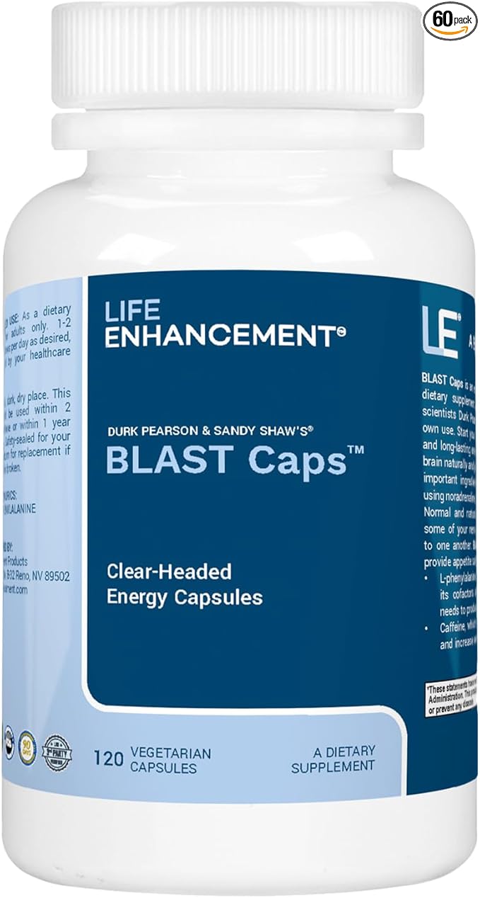 Life Enhancement Blast Caps 60 Capsules - Energy and Focus Supplement - Nootropics Brain Support Supplement with B12 Niacin Caffeine Taurine Phenylalanine Vitamin C &amp More
