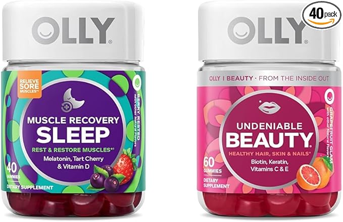 OLLY Muscle Recovery Sleep Gummies Sleep and Sore Muscle Support 3mg Melatonin &amp Undeniable Beauty Gummy for Hair Skin Nails Biotin Vitamin C Keratin Chewable