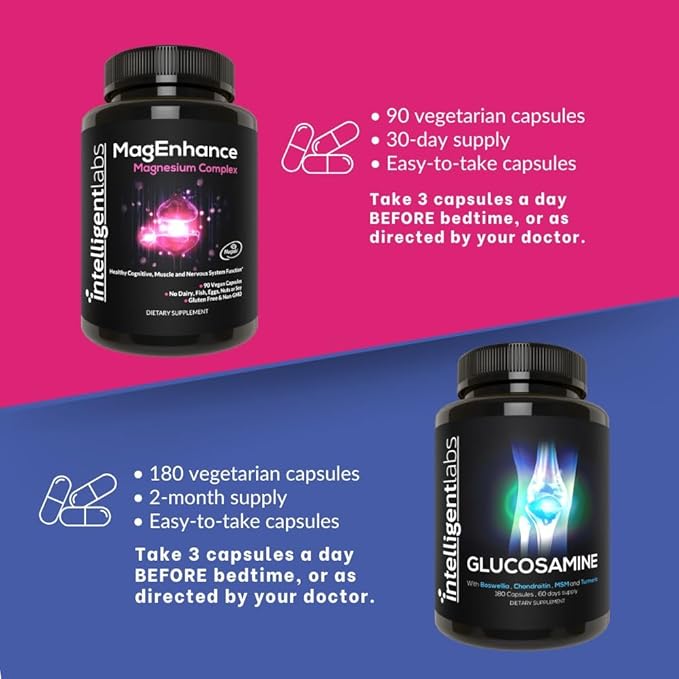 Intelligent Labs 2-in-1 Bundle of MagEnhance Triple Magnesium Complex (Magnesium Threonate Supplement with Mg Taurate and Mg Glycinate) + Glucosamine and Chondroitin Joint Care Complex with MSM