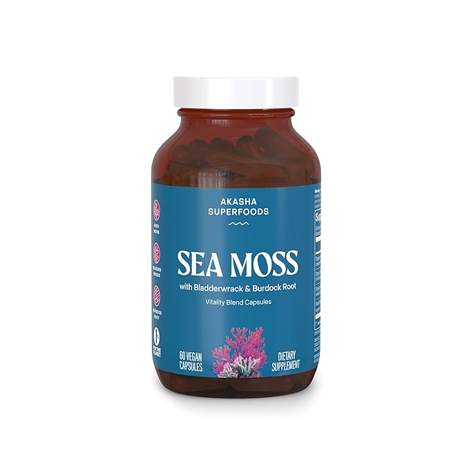 Akasha Superfoods Sea Moss Capsules Organic Irish Moss with Bladderwrack Root Burdock Root and BioPerine Skin Thyroid Digestion &amp Immunity Support for Women &amp Men Gluten Free Vegan 60