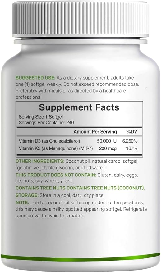 DEAL SUPPLEMENT Vitamin D3 50000 IU + K2 MK7 200mcg Softgels 240 Count | 2-in-1 Complex with Virgin Coconut Oil | Supports Heart Bone Teeth &amp Immune Health | Easy to Swallow