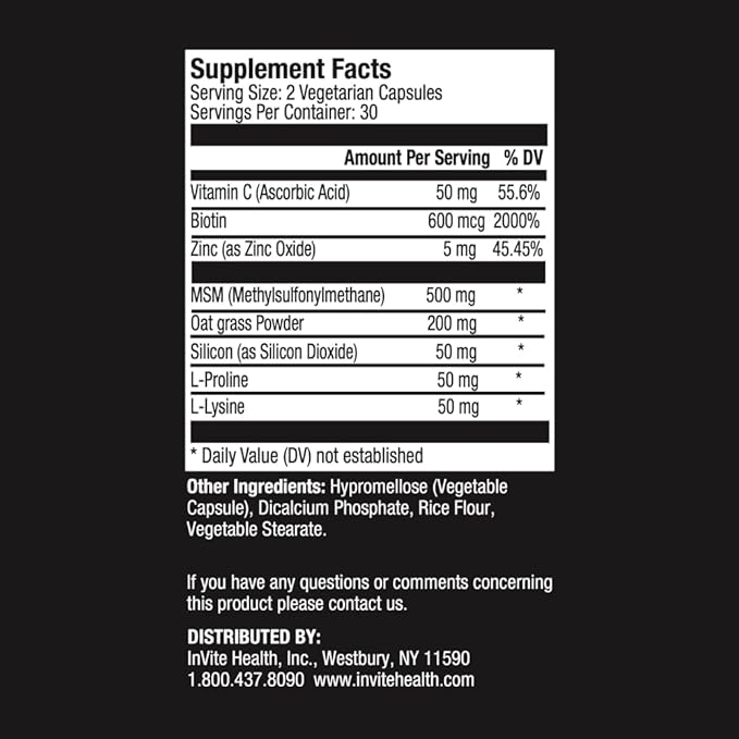InVite Health Hair Skin &amp Nails Supplement -Supports Health and Growth of Hair Skin and Nails-Contains Vitamin C Biotin Zinc MSM Silica Lysine Proline Oatgrass- 60 Vegetarian Capsules(2-P