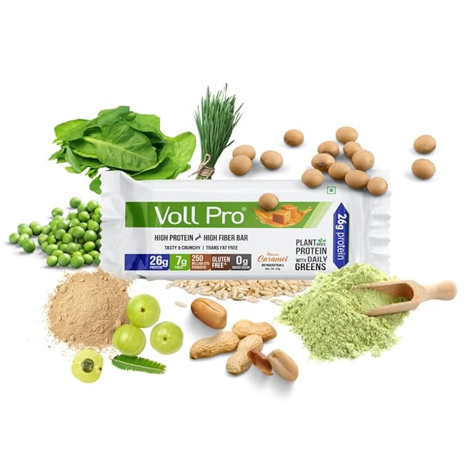 Voll Pro Plant Protein Bar with Daily Greens - High Protein 26g Fiber 7g 0g Sugar - Crunchy Delicious Nutrient-Rich Protein Bars 65g Bar (Pack of 12) (Pack of 12)
