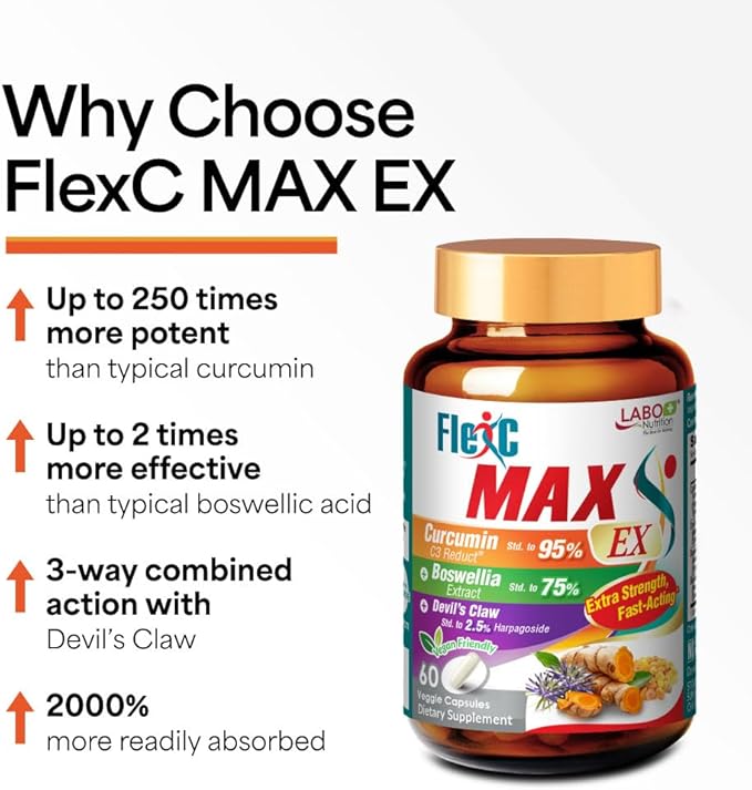 LABO Nutrition FlexC MAX EX with Turmeric Curcumin C3 Reduct 95% Tetrahydrocurcuminoids Bioperine Boswellia Extract &amp Devil’s Claw Effective Antioxidation Joint &amp Body Discomfort Relief x2