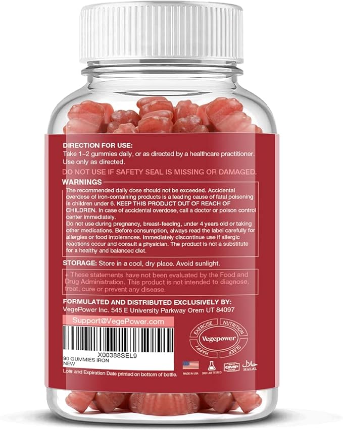 Vegan Iron Gummies Supplement - Multivitamin Supplement with Vitamin C A B &amp Zinc - Health Blood &amp Energy Support for Iron Deficiency Anemia No After Taste - Peach Flavor（2 Packs）