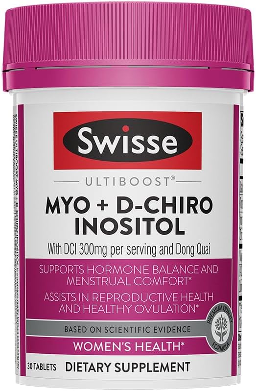 Swisse Ultiboost Myo-Inositol &amp D-Chiro Inositol Supplement | Hormonal Balance Ovarian Health &amp Menstrual Support | 1100mg Myo-Inositol + 300mg DCI with Dong Quai | 30 Tablets