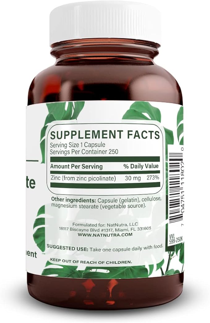 NNatural Nutra Zinc Picolinate 30 mg Double Strength Raw and Pure Highly Bioavailable Supplement for Growth &amp Immune Support Decrease Common Cold and Support Metabolic System 250 Capsule (2 Pa