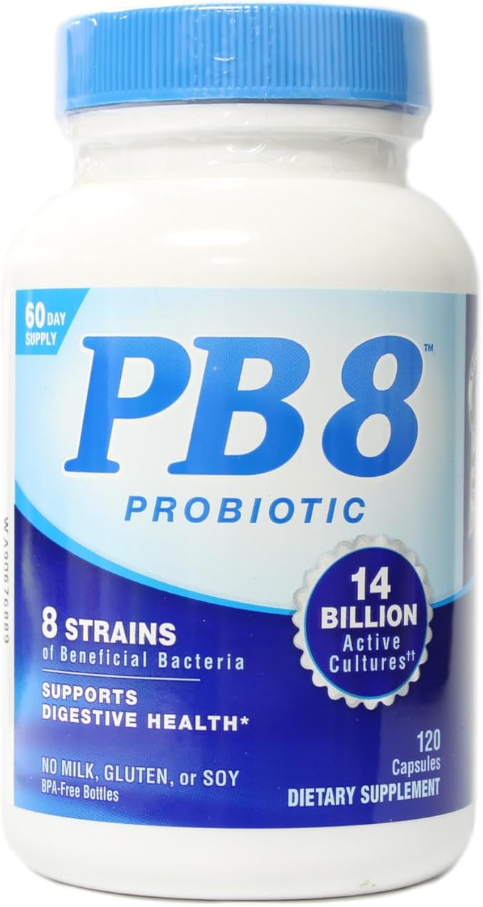 PB8 Probiotic - 3 Pack - 120 Capsules Per Bottle - Supports Digestive Health - 14 Billion CFU - 8 Beneficial Strains - No Milk Gluten or Soy