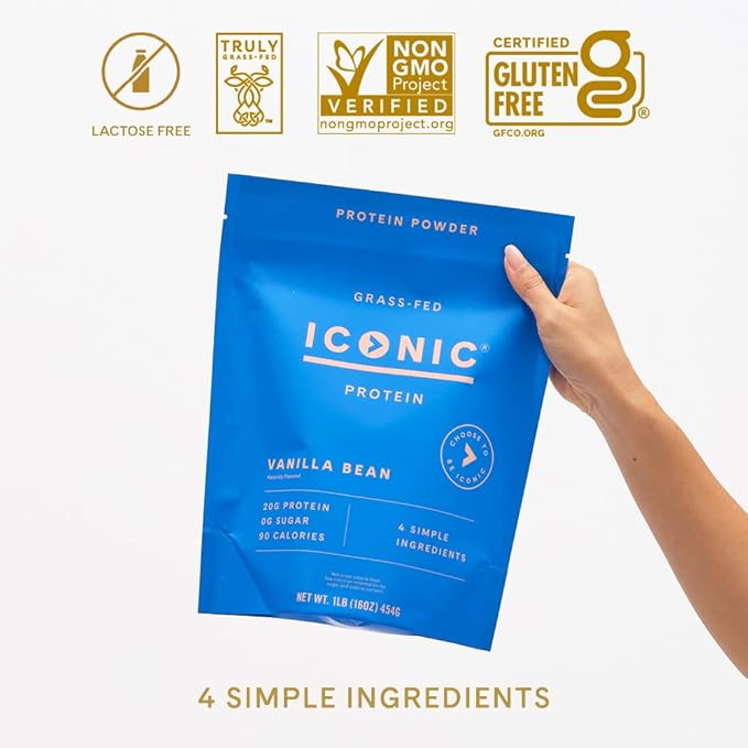 ICONIC Protein Powder Vanilla Bean - Sugar Free Low Carb Protein Powder - Lactose Free Gluten Free Non-GMO - 20g Grass Fed Whey &amp Casein Protein - Keto Friendly 1 lb Pouch (18 Servings)