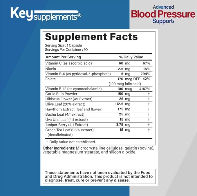 Key Supplements Blood Pressure Support 90 Capsules Contain Niacin Vitamin C B6 B12 Garlic Bulb Hibiscus Olive Leaf etc