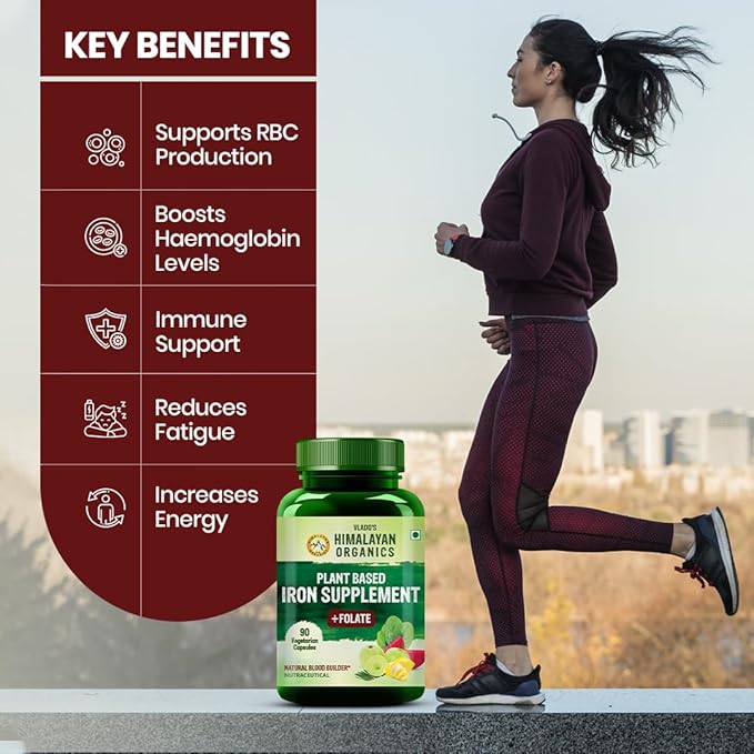 HIMALAYAN ORGANICS Organics Plant Based Iron Supplement with Folate | Improved Hemoglobin &amp Oxygen Capacity | Stomach Friendly | Boost Energy (90 Capsules)