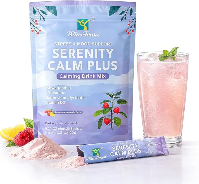Serenity Calm Plus Drink Mix–Daily Stress&ampMood Support Ashwagandha L-Theanine Magnesium Glycinate&ampVitamin D3–Refreshing Raspberry Lemonade Non-Drowsy Calm–20 Sachets